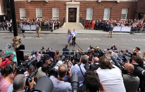 The Duke and Duchess of Cambridge leave the Lindo Wing of St Mary's Hospital in London, with their newborn  son, Prince George of Cambridge.