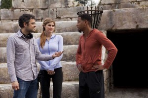 Director Thor Freudenthal, Alexandra Daddario and Brandon T. Jackson on the set of Percy Jackson: Sea of Monsters. (Photo by Murray Close).