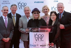 From left: L.A. City Councilman Mitch O'Farrell; Hollywood Chamber of Commerce president and CEO, Leron Gubler; Modern Family executive producer and writer Jeff Richman; center: Angie Dickinson; Penelope Ann Miller; Modern Family executive producer and writer Elaine Ko, and Los Angeles City Councilman Tom LaBonge. (Photo by Alex U. Griffin).
