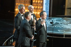 Neil Corbould, David Shirk, Timothy Webber, and Chris Lawrence accept the Oscar for achievement in visual effects for Gravity. (Photo by: Darren Decker / ©A.M.P.A.S.).
