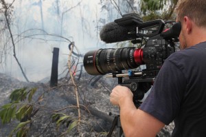 DP Lucian Read filming slash-and-burn deforestation in Indonesia using the Canon EOS C300 Cinema camera and the Canon CN-E30-300mm T2.95-3.7 L SP Cinema zoom lens. (Photo courtesy of The Years Project).