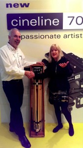 Mark Clementson, managing director, Miller Fluid Heads (Europe) with LP ’54 Classic Tripod IBC raffle winner Gabriele Woolley, director of The Broadcast Bridge.