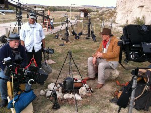 Cinematographer Ken Willinger, SOC, (left) used a Zylight F8 LED Fresnel on location during a recent shoot near Register Cliff in Wyoming.