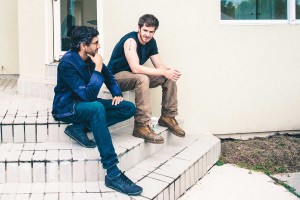 Director Ramin Bahrani (left) and actor Andrew Garfield on the set of 99 Homes, (Photos by Hooman Bahrani / Broad Green Pictures).