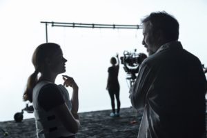 (L-R) Amy Adams and director, Denis Villeneuve on the set of the film Arrival by Paramount Pictures