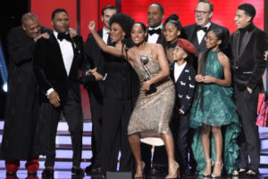 Mandatory Credit: Photo by Chris Pizzello/Invision/AP/REX/Shutterstock (9322226h) The cast and crew of "black-ish" accepts the award for outstanding comedy series at the 49th annual NAACP Image Awards at the Pasadena Civic Auditorium, in Pasadena, Calif. Pictured from left are Laurence Fishburne, Anthony Anderson, Jeff Mecham, Jenifer Lewis, Tracee Ellis Ross, Kenya Barris, Yara Shahidi, Miles Brown, Peter Mackenzie, Marsai Martin, and Marcus Scribner APTOPIX 49th Annual NAACP Image Awards - Show, Pasadena, USA - 15 Jan 2018