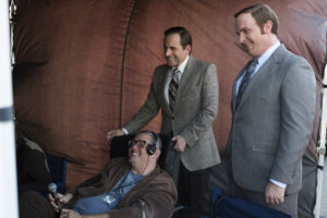 Left to Right: Director Adam McKAy and actors Steve Carrol and Christian Bale on the set of Vice