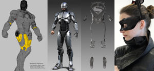 From LtoR: The wireframe model for Iron Man, 3d design for Robocop 2014, the trim work for Man of Steel’s costume, the concept for Catwoman’s mask for Dark Knight Rises